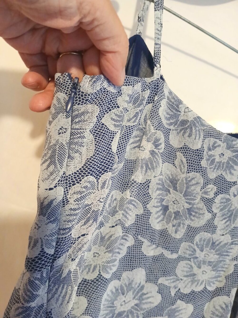 Fashion Week Blue White Floral Lace Print Slip Dress M Boho Cottagecore Feminine - Picture 7 of 9